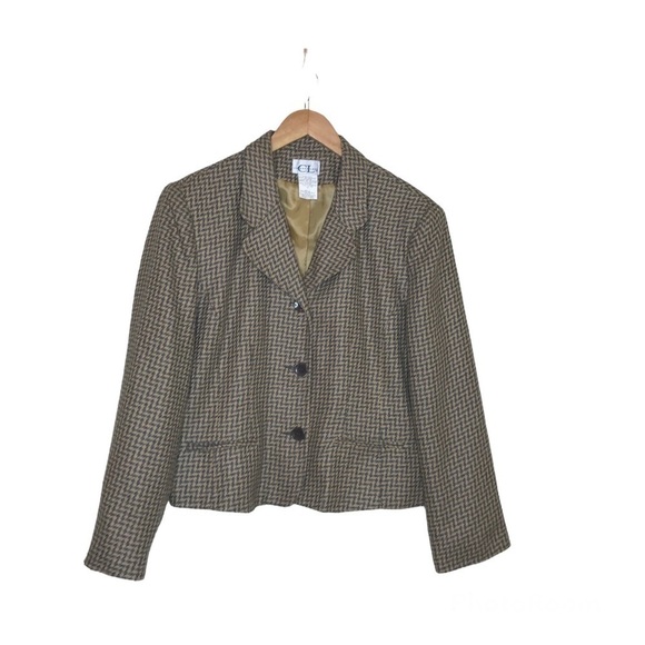 Cricket Lane Womens Size 18‎ Houndstooth Blazer Button Up Gray Tan Lined Vintage - Picture 1 of 8